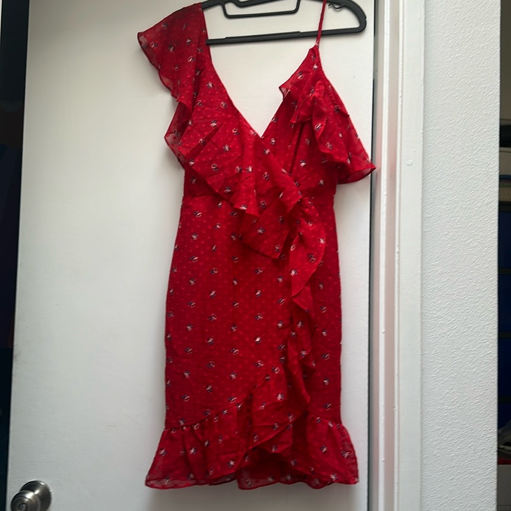 Red ruffle dress new with tag, asymmetrical stylish design